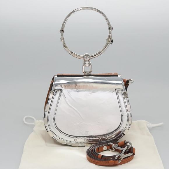 Chloe Nile Hand Bag Enamel Leather 2way Silver Brown Auth 101064 - Picture 12 of 16